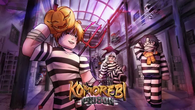 Official Komorebi Prison key art of a striped-uniform character holding a jack-o-lantern and a pitchfork in a purple cell block.